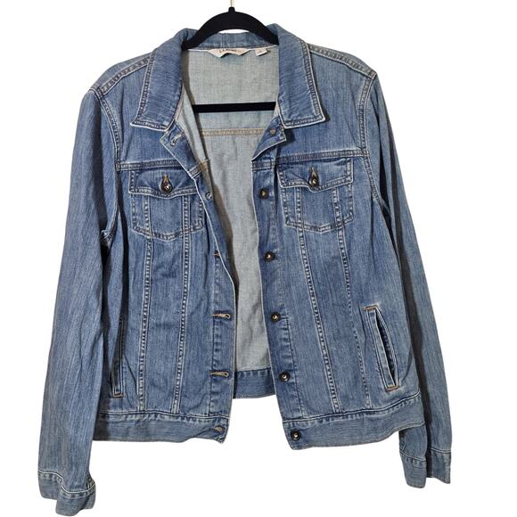LL Bean Women’s Denim Jacket Size L Blue Cotton Spandex Trucker Fall - Picture 1 of 10